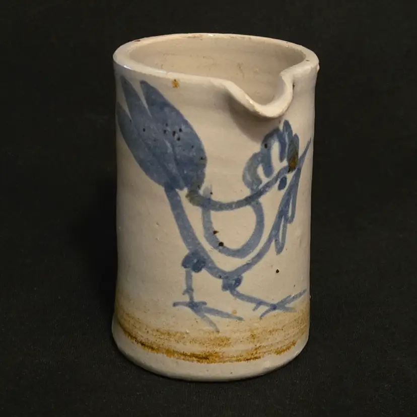 Pottery Salt Glaze Stoneware Creamer Pitcher with Blue Chicken 4" Tall & Chop Mark