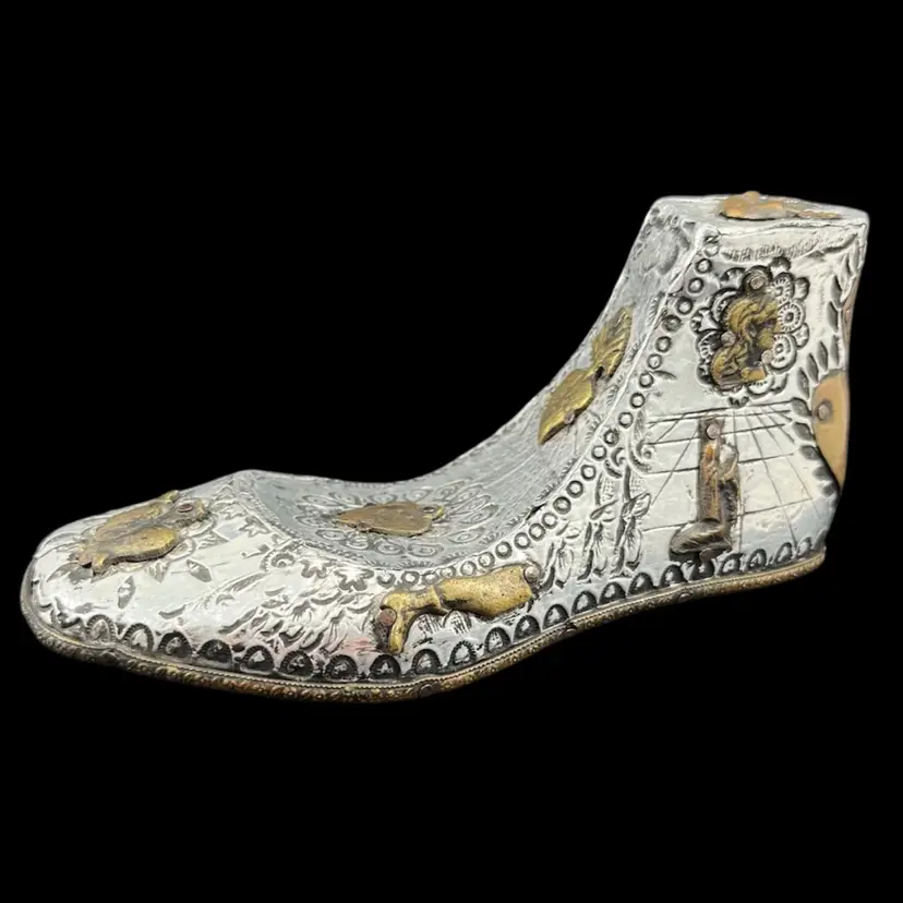 Metal Milagros Mexican Folk Art Shoe Signed Ernesto E, Vintage Metal Milagros Charm Shoe, Stamped Metal Over Wood Shoe Art