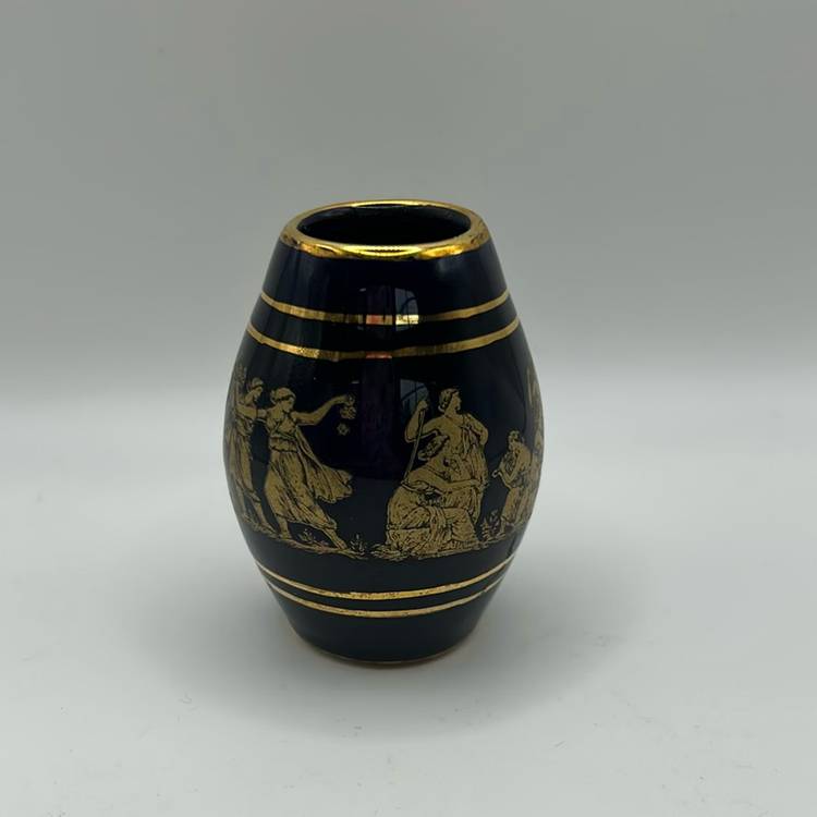 Vintage Greek Spyropoulos Cobalt Blue 24K Gold Mini Vase