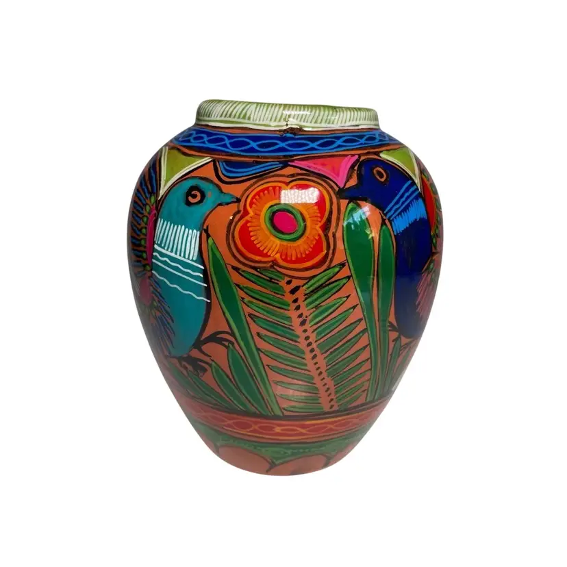 Colorful Folk Art Pottery Vase Birds, Flowers, Llama, Dog, Unmarked Peru ? 5.5"