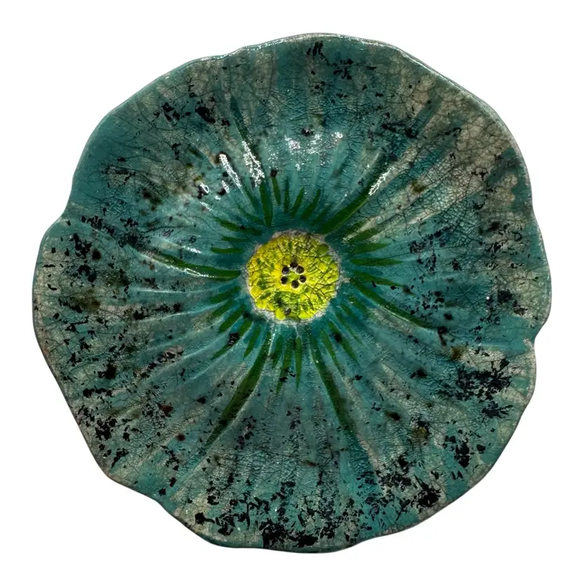 Studio Art Pottery Raku Flower Figurine Trinket Dish Coaster Blue Yellow 4β