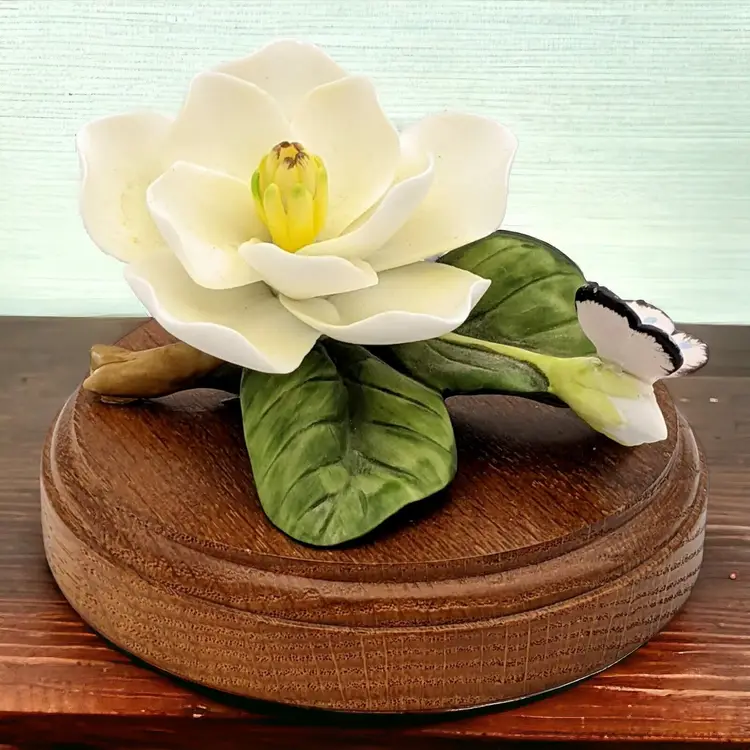 Vtg George Good Creamy Porcelain Magnolia w/ Butterfly Mounted on Wood for Table