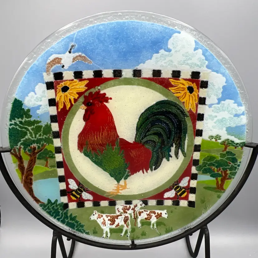 Peggy Karr Fused Glass 11”  Rooster Platter Plate Country Checkerboard