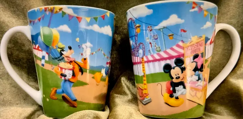 Vintage Disney Mickey Mouse Minnie Mouse & Friends Kissing Booth Carnival, Coffee Mug, Set of 2, By Disney, Made in China