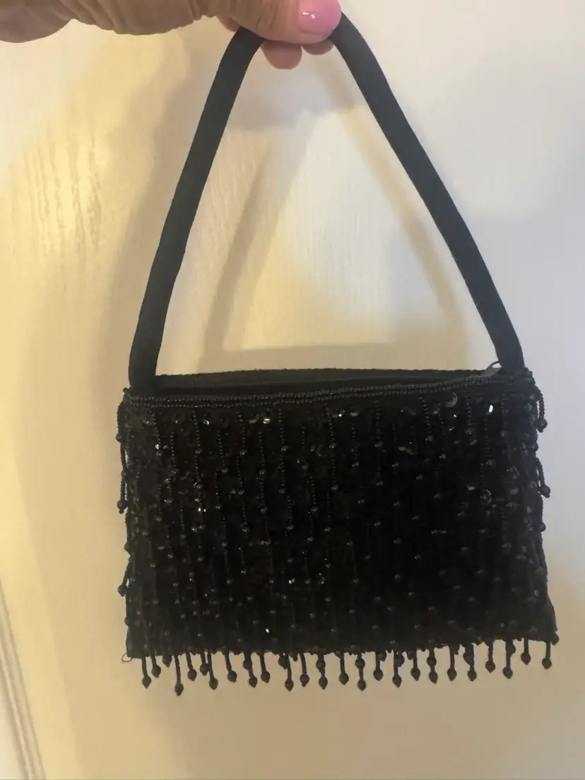 Sasha New York Black Beaded Evening Bag 8” X 6”; 8” Strap Drop
