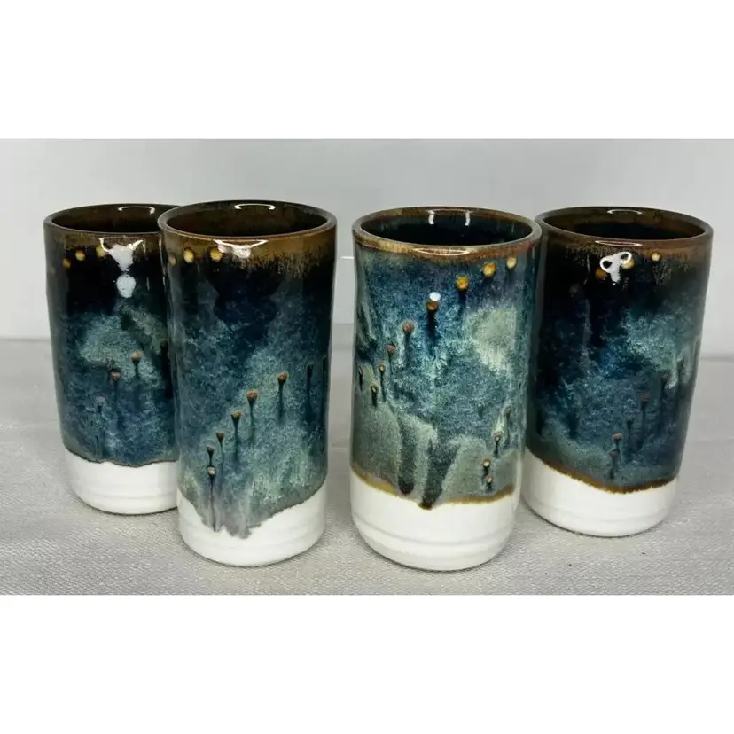 Four Garnier Studio Pottery Blue Brown Glaze Hand Thrown Tumblers or Small Vases ~ Signed