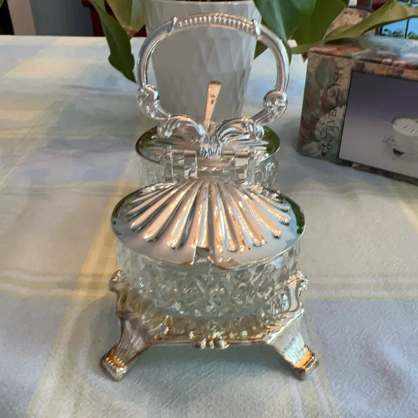 Vintage NIB Davco Silver Ltd. Silver Plate & Cut Glass Double Jam Dish With Spoons 7.5