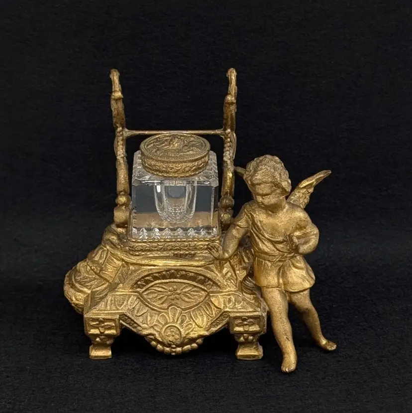 Antique Victorian Gilt Bronze Cherub Inkwell Original Glass Heavy Metal No Pen