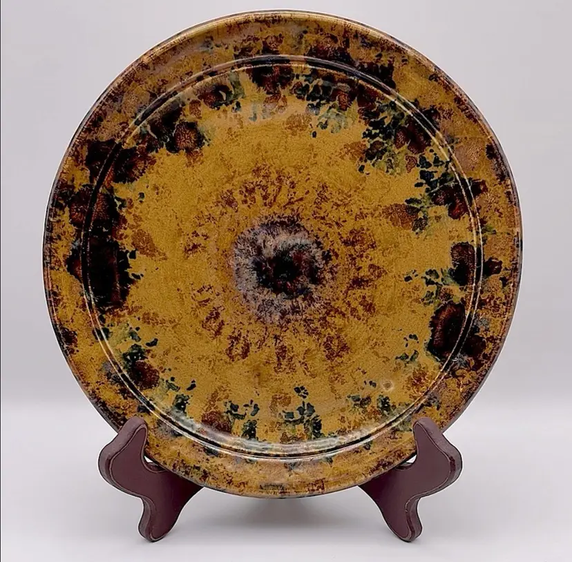 8” Handmade Pottery Splatter Plate, Gold with Deep Green and Red Accents, Signed on Back