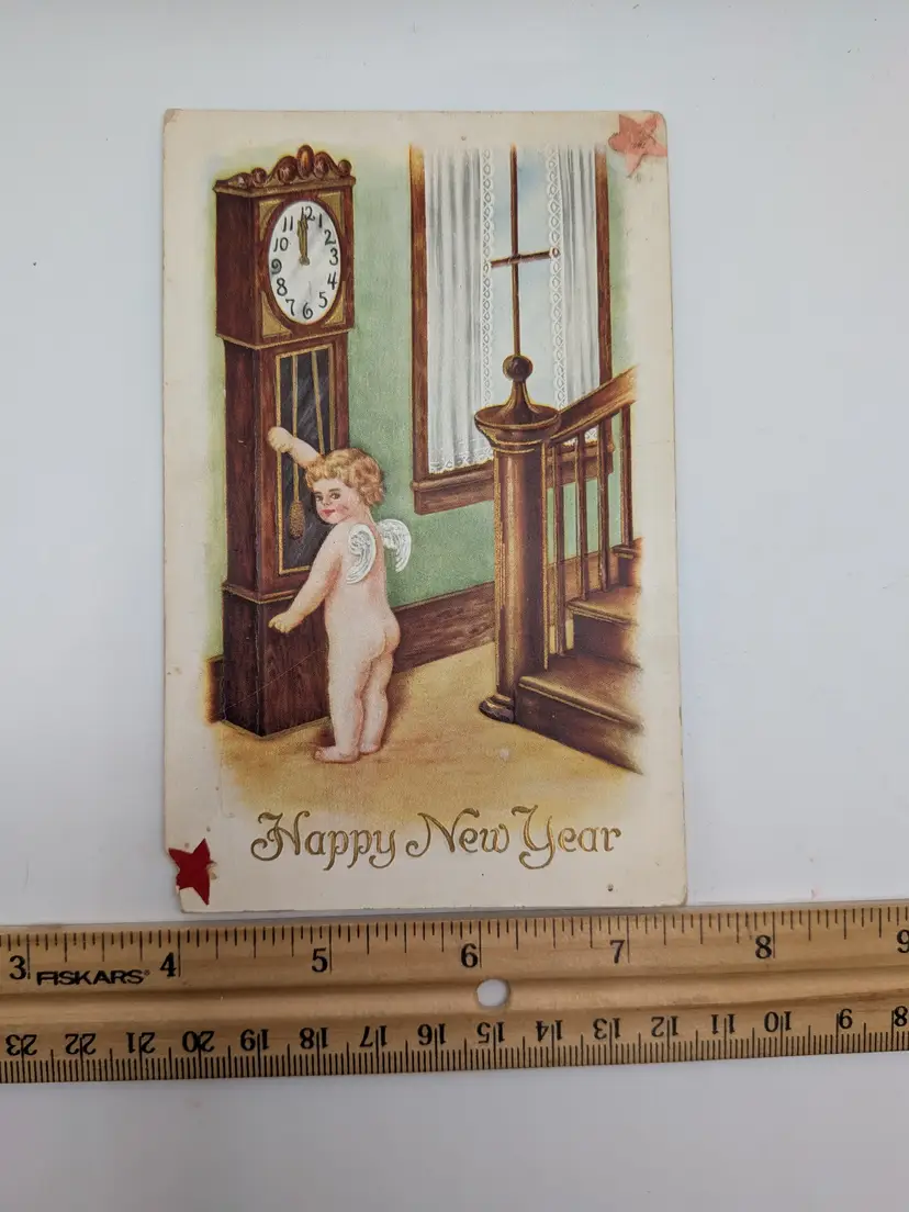 E120. Antique Postcard Happy New Year Embossed Cherub Grandfather Clock Kitsch