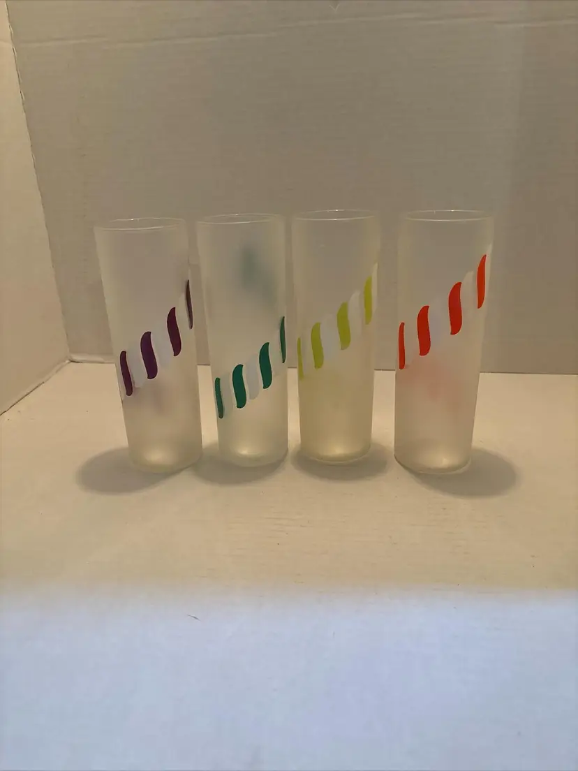 Vintage Mid Century Modern Set of 4 Libbey Frosted Striped High Ball Glasses