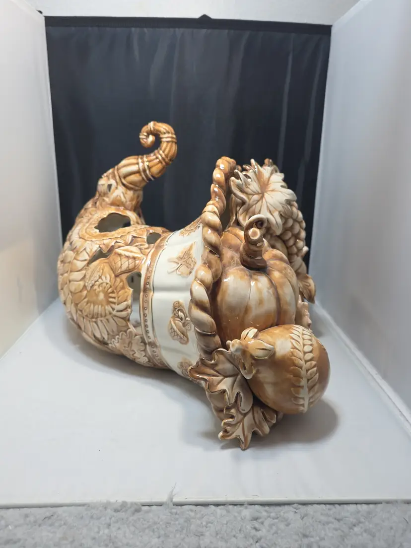 Blue Sky Ceramic Harvest Cornucopia Pierced Candle Holder Fall Decor