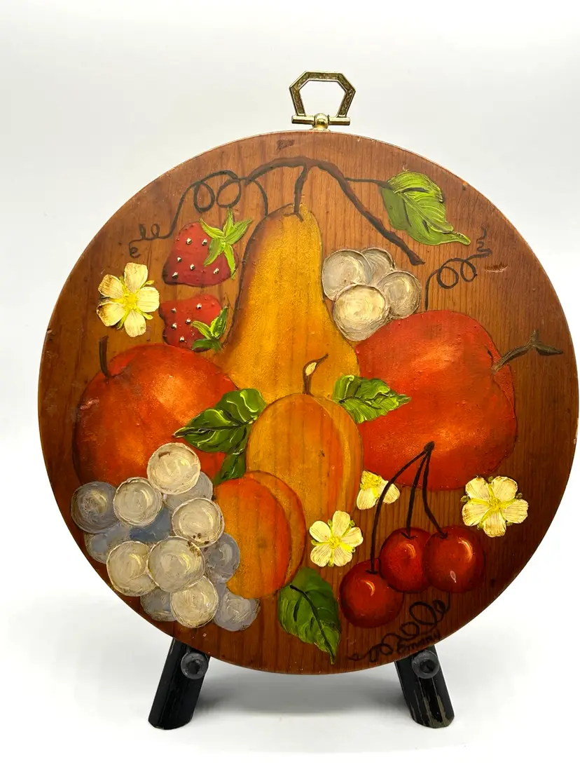 Vintage Hand Painted Fruit Wood Plaque Signed 7 3/8” In Diameteri