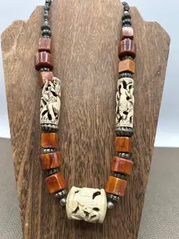 Vintage Tribal Style Beaded Necklace w/Artisan Carved Bone Beads