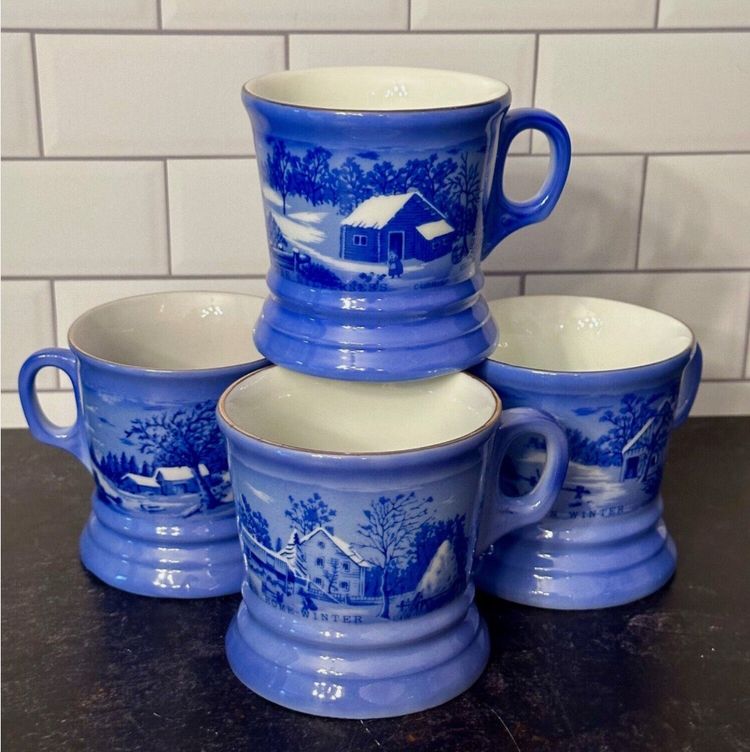 4 Vintage CURRIER & IVES Coffee Tea Cups Mugs Winter Scene Porcelain Blue
White