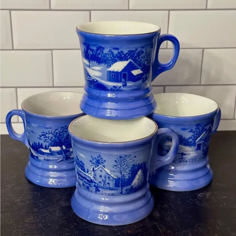 4 Vintage CURRIER & IVES Coffee Tea Cups Mugs Winter Scene Porcelain Blue
White
