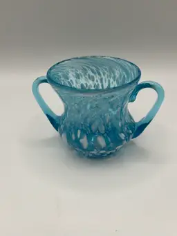 Vintage Blue Splatter Art Glass Hand Blown, Applied Handles, Mini Vase