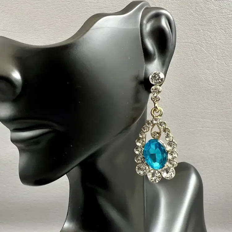 Vintage Drop Dangle Statement Earrings Blue Teardrop Rhinestone Gold Tone Clear Rhinestones 1.75 " Pierced