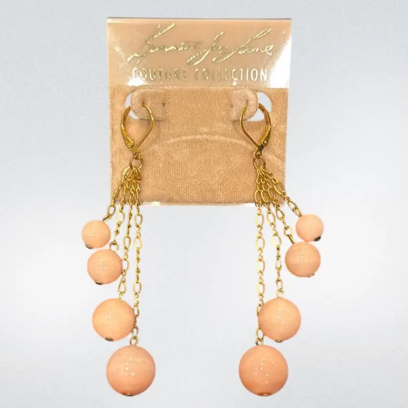 Kenneth Jay Lane KJL Couture Collection Pink Polished Gemstone GoldTone Dangle Earrings, 3” New on Card