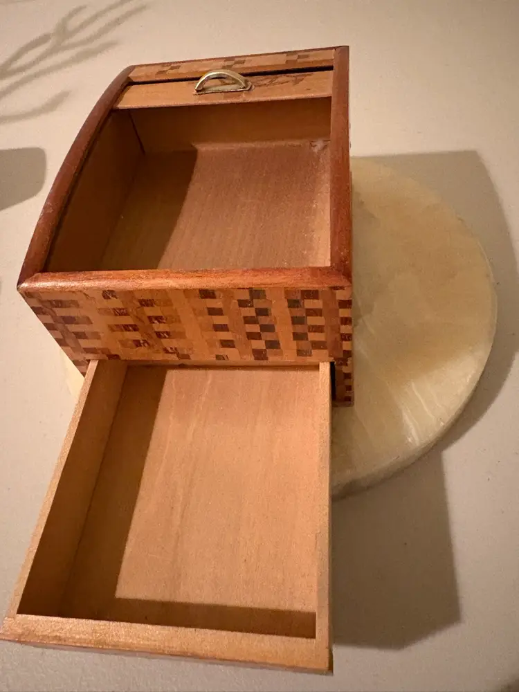 VINTAGE WOODEN JAPAN SMALL Cigarette BOX W/ DRAWER AND ROLL TOP