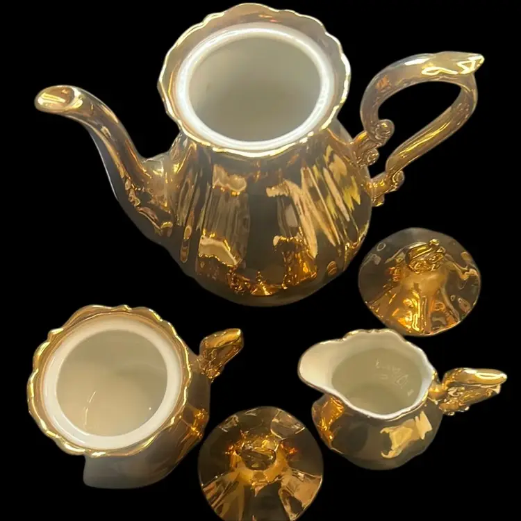 Bavarian Golden Porcelain Coffee Tea Pot With Cream and Sugar Bowl.  5 Pc.  Pot Is 8” Tall, Creamer and Sugar Bowl Are 3 1/2-4” Tall