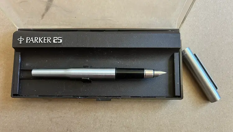 Vtg Parker 25 Fountain Pen W/ Box Converter, Ink Cartridge, Instructions