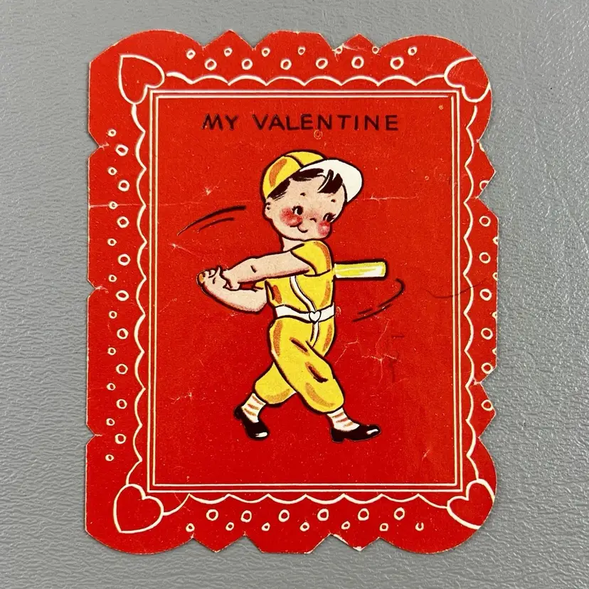 Vintage Valentine A-Meri-Card Boy In Baseball Uniform Make A Hit With Me 4"