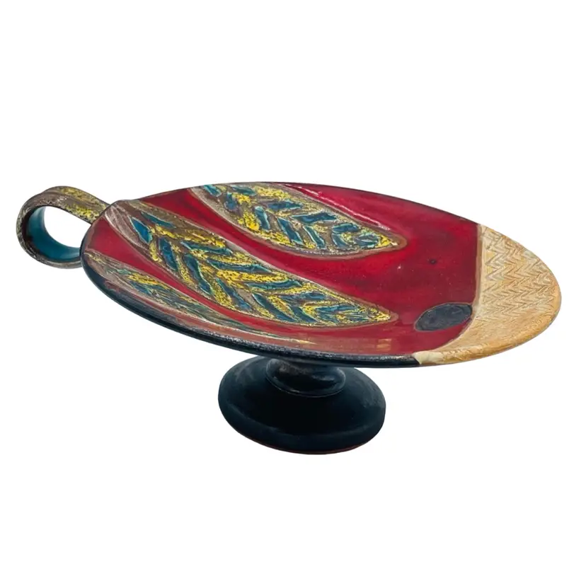 Danko Handmade Thrown Pottery Candle Holder Pedestal Base & Handle  Leaf Design Red