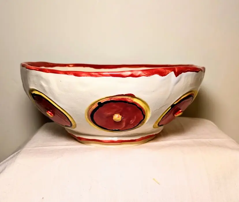 Bright Red and Yellow serving bowl - ceramic studio pottery - MARKED.