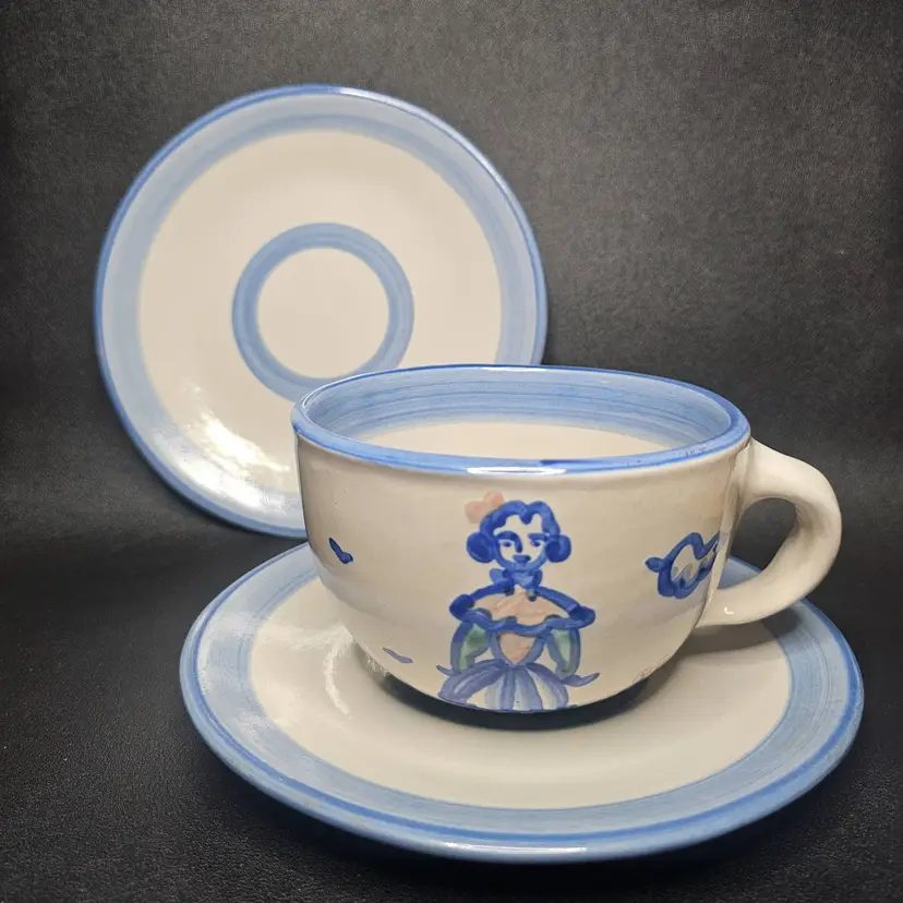 3pc MA Hadley Pottery THE END Farmer's Wife Large Mug & Saucer + Extra saucer