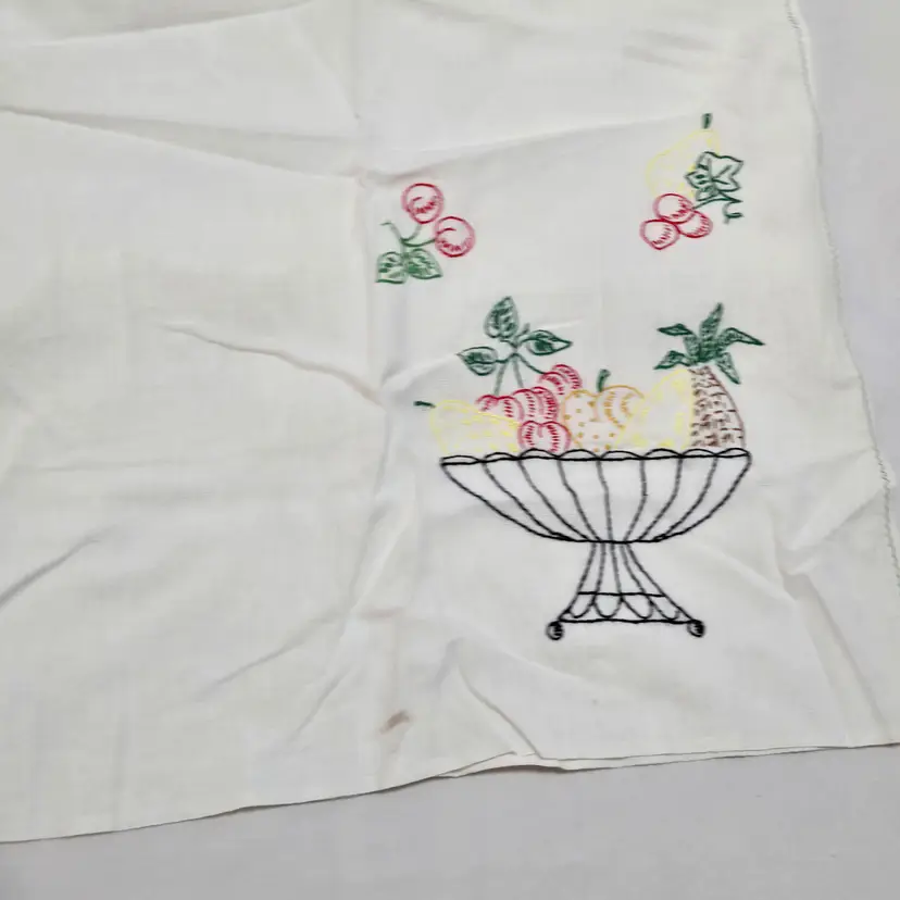 Vtg MCM Embroidered Cherries Fruit Basket Flour Sack Towel