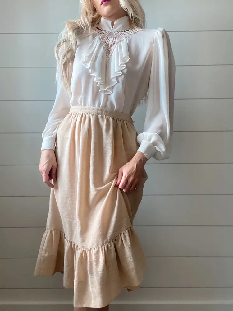 Romantic Cotton Ruffled Skirt In Beige 