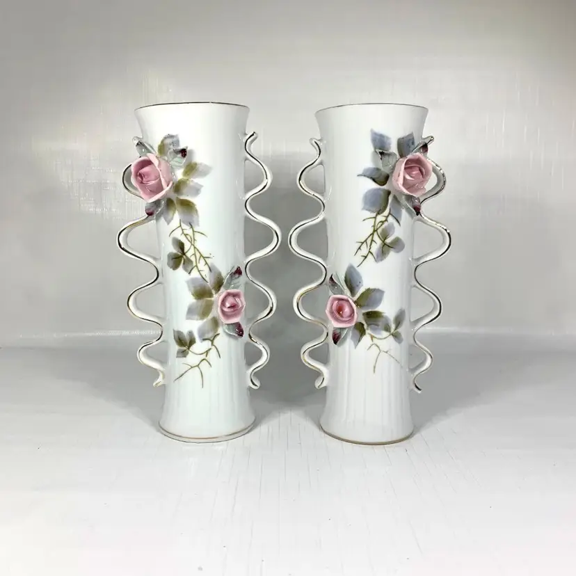 Hand Painted Porcelain Vase Roses Pair Cottagecore Shabby Décor Gilded White Vintage