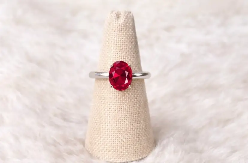 925 Sterling Silver Oval Ruby Solitaire Ring Size 7 Red Gemstone Classic Ring