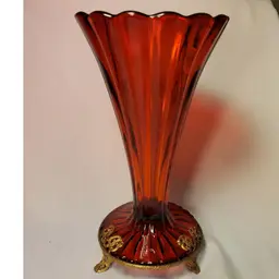Antique Red Ribbed Flared Scalloped Vase Art Nouveau Brass Base