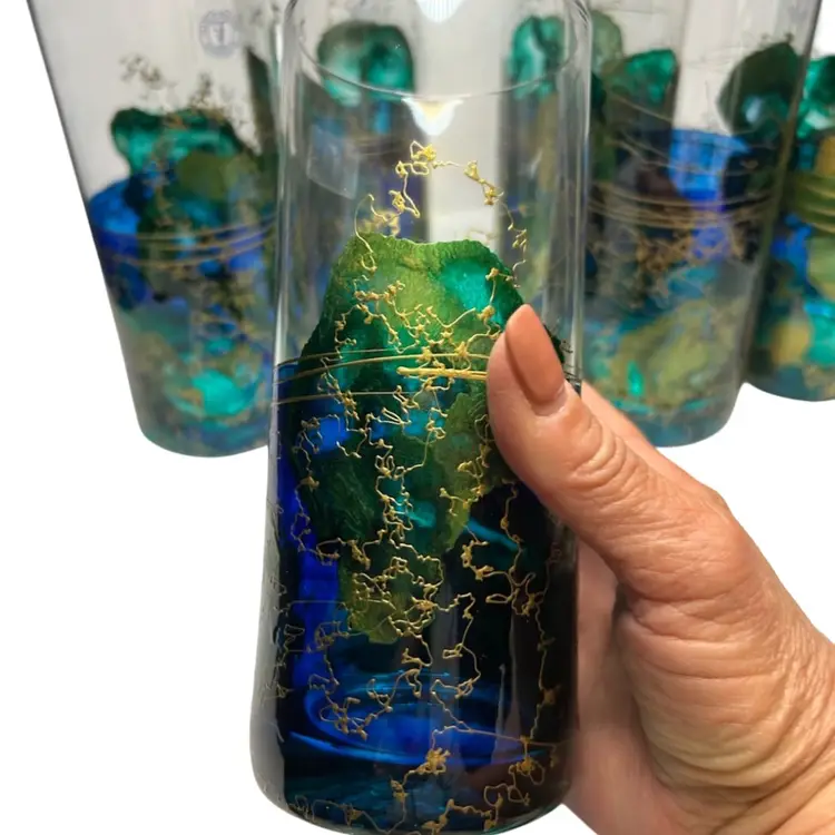 Set Of 6 Made In Romania Handcrafted High Ball Glasses @6 3/4 Tall Discontinued Multicolored With Gold Drizzle Hand Blown