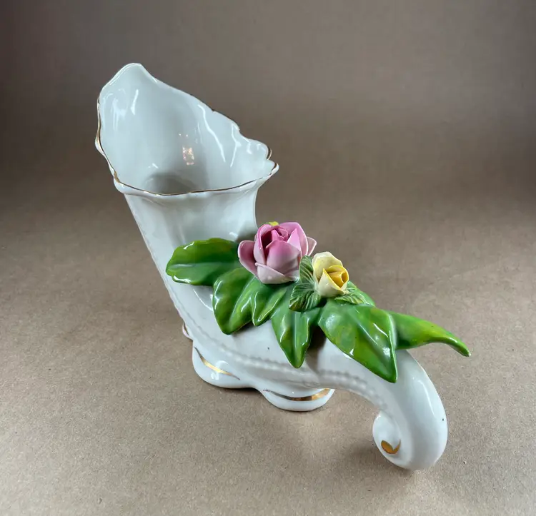 Dresden N Mark Cornucopia Pink Yellow Roses Green Leaves with Gold Rim