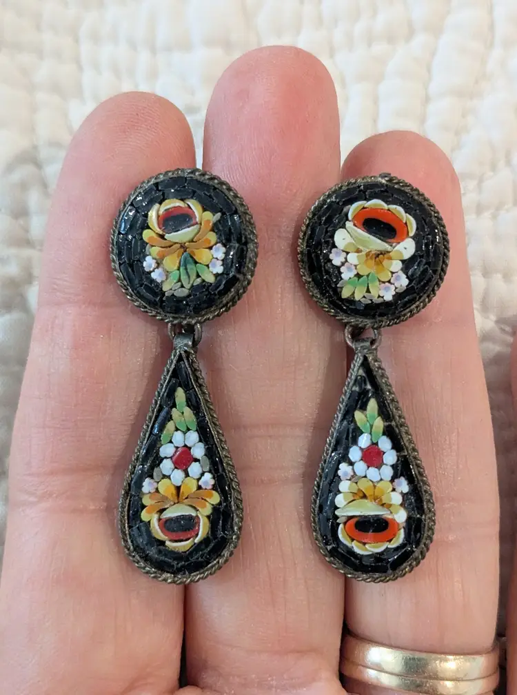 Antique Dangly Teardrop Italian Micromosaic Screw Back Earrings with Flowers on a Black Background