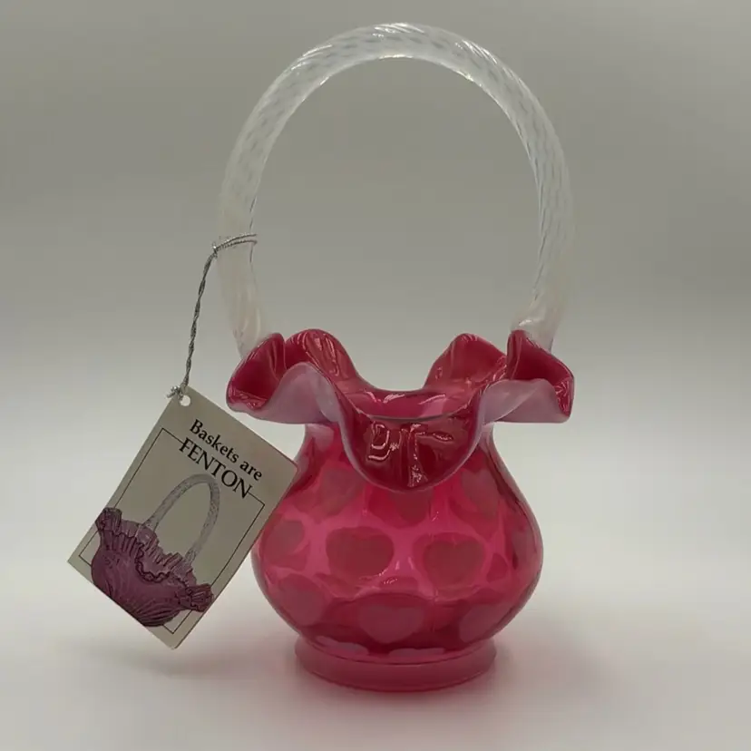 Fenton Art Glass Cranberry Opalescent Heart Optic Basket with Rope Handle 2736 CR