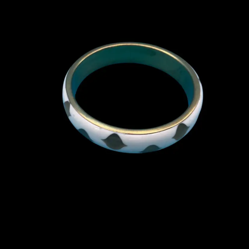 Vintage White Enamel & Brass Bangle Bracelet – Geometric Brown Inlay Pattern
