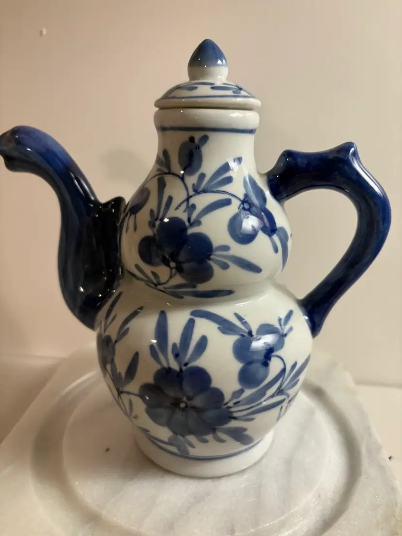 Cobalt Blue & White Floral Porcelain Unique Shaped Coffee Pot