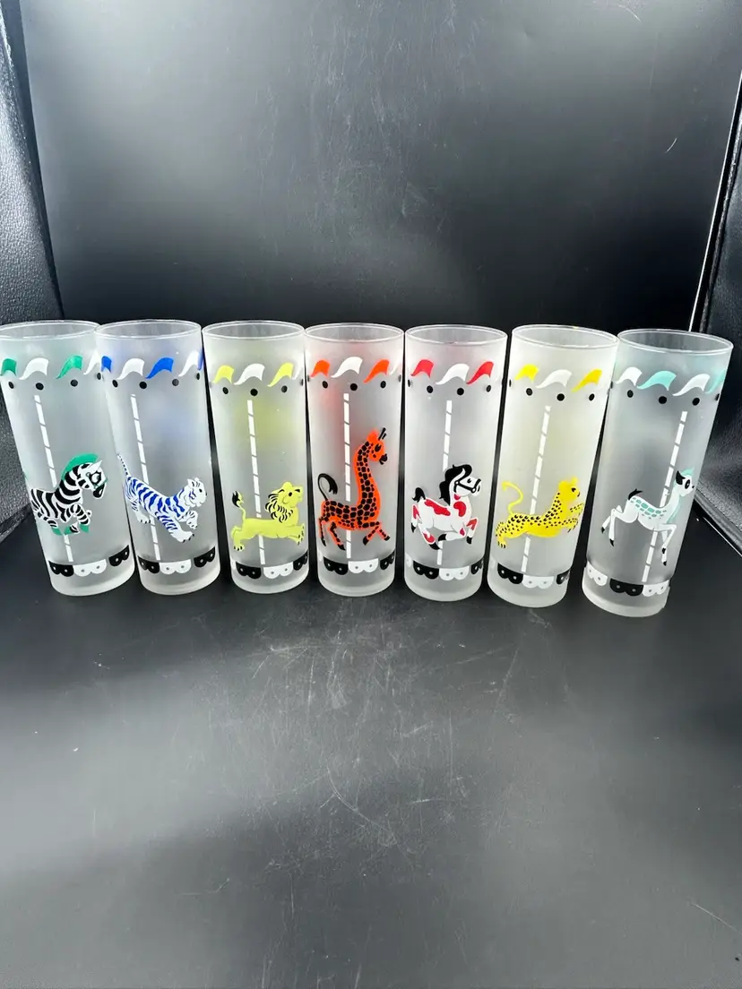 7 Vintage Libbey Frosted Circus Merry-Go-Round Drinking Glasses Barware
