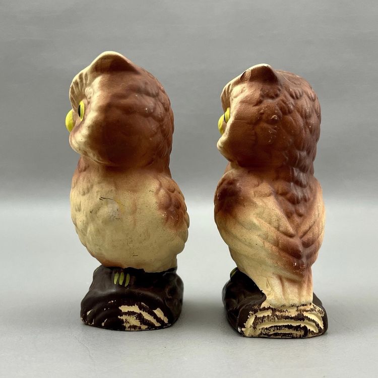 Vintage Owl On A Log  Salt And Pepper Shakers 3.75" Ceramic Bisque Japan