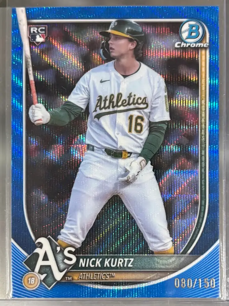 2025 Bowman Chrome Nick Kurtz Blue Wave Refractor Parallel /150 Rookie (RC) Oakland Athletics
