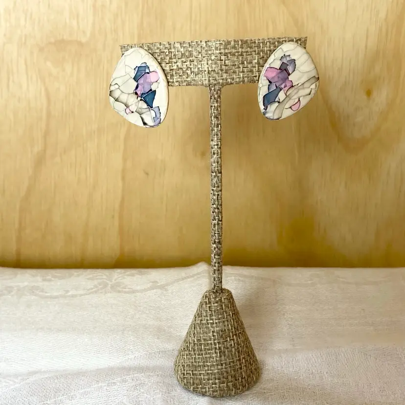 Vtg Glazed Pink Cream Blue Pastel Glazed Triangular Ceramic Pierced Earrings