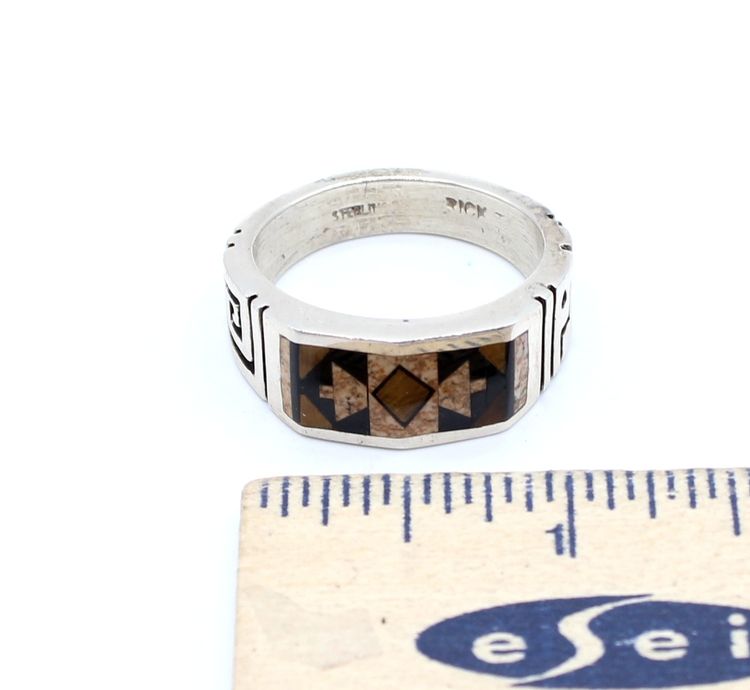 Sterling Silver Jasper Tigers Eye Inlay southwest size 14 ring 15.58gSterling Silver Jasper Tigers Eye Inlay southwest size 14 ring 15.58g
