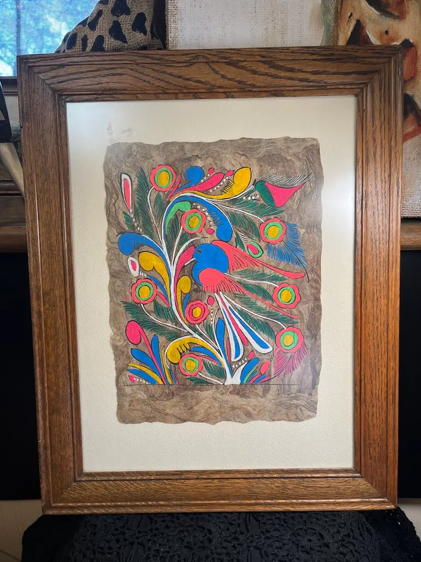 15.5" x 20" Professionally Framed & Matted Mexican Folk Art Armate Bark Painting. GLOWS!! Absolutely Gorgeous! Masking Tape On Back Is Loose.