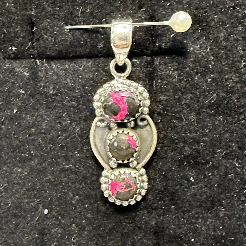 Southwestern Sterling 925 Rose Dahlia & Black Jack Turquoise Spiny Oyster 3 Stone Pendant