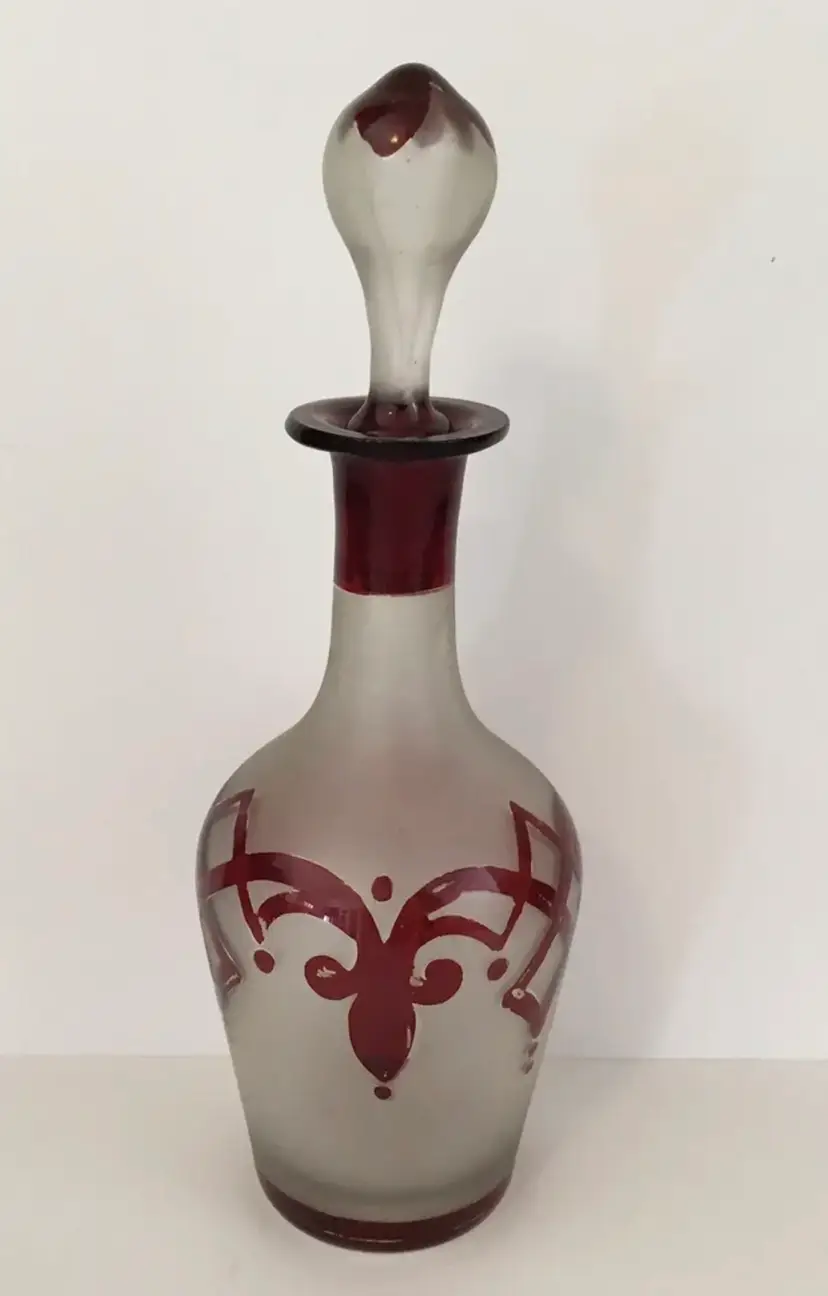 Antique Satin glass perfume Cruet decanter Stopper Hand blown Painted Red