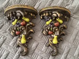 Vintage Set Of 2 Fruit Motif Wall Plaque Shelves Tuscan Old World Style